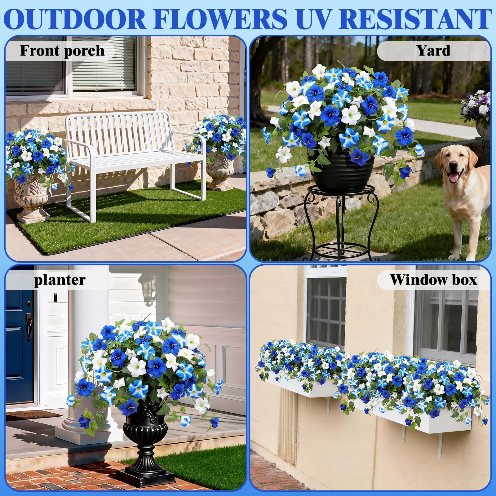 WETRBWEH outdoor planter display with faux petunias in blue hues.