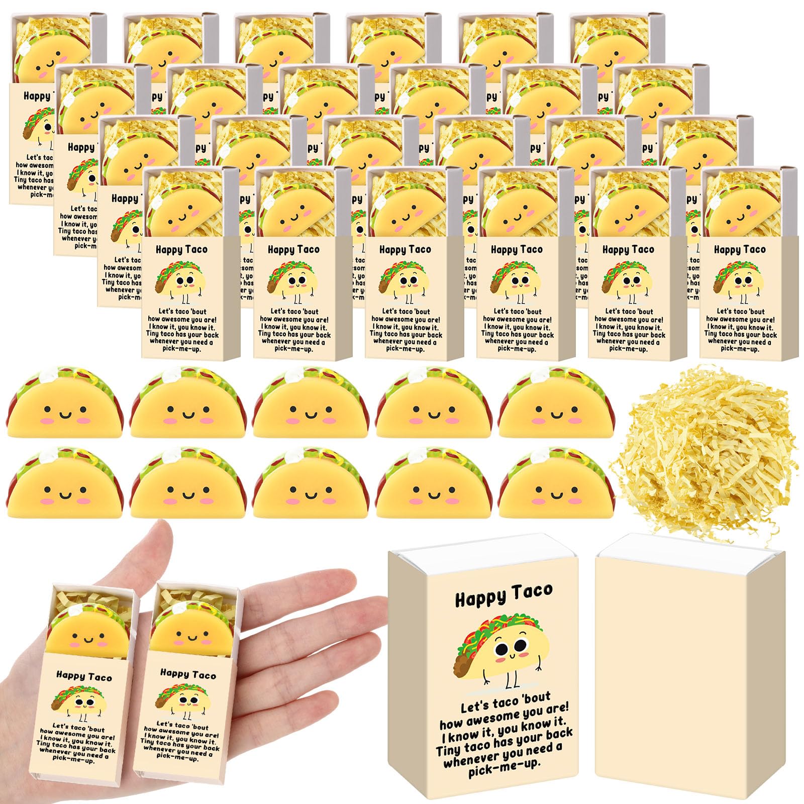 Wettarn taco stress ball yellow, shown with its gift box, for office stress relief.