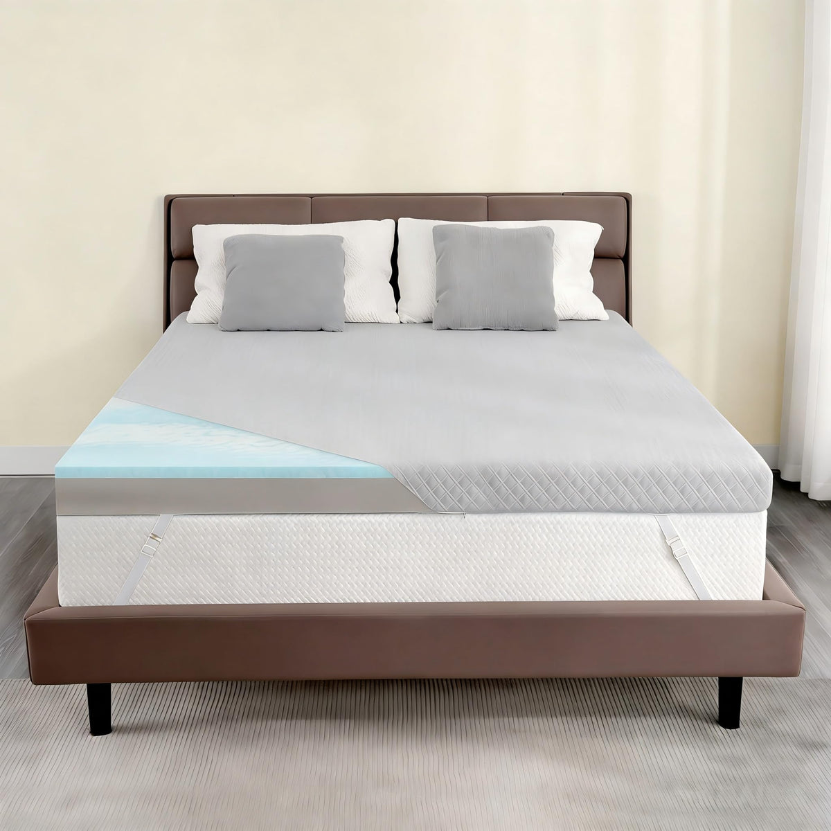 WEUP extra firm topper on bed for enhanced spinal support and stability.