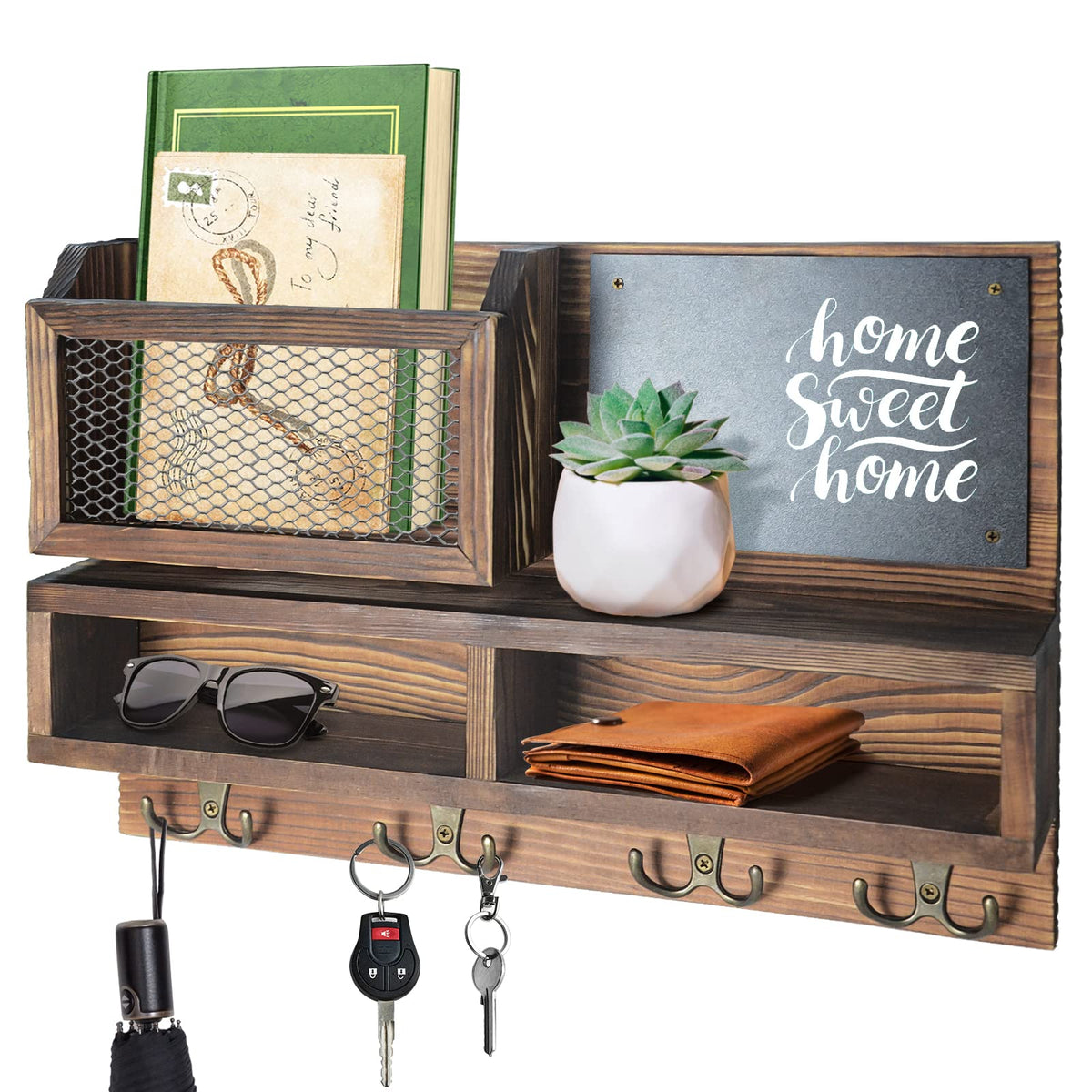 Weweow key holder wall with four hooks for organized keys and mail.