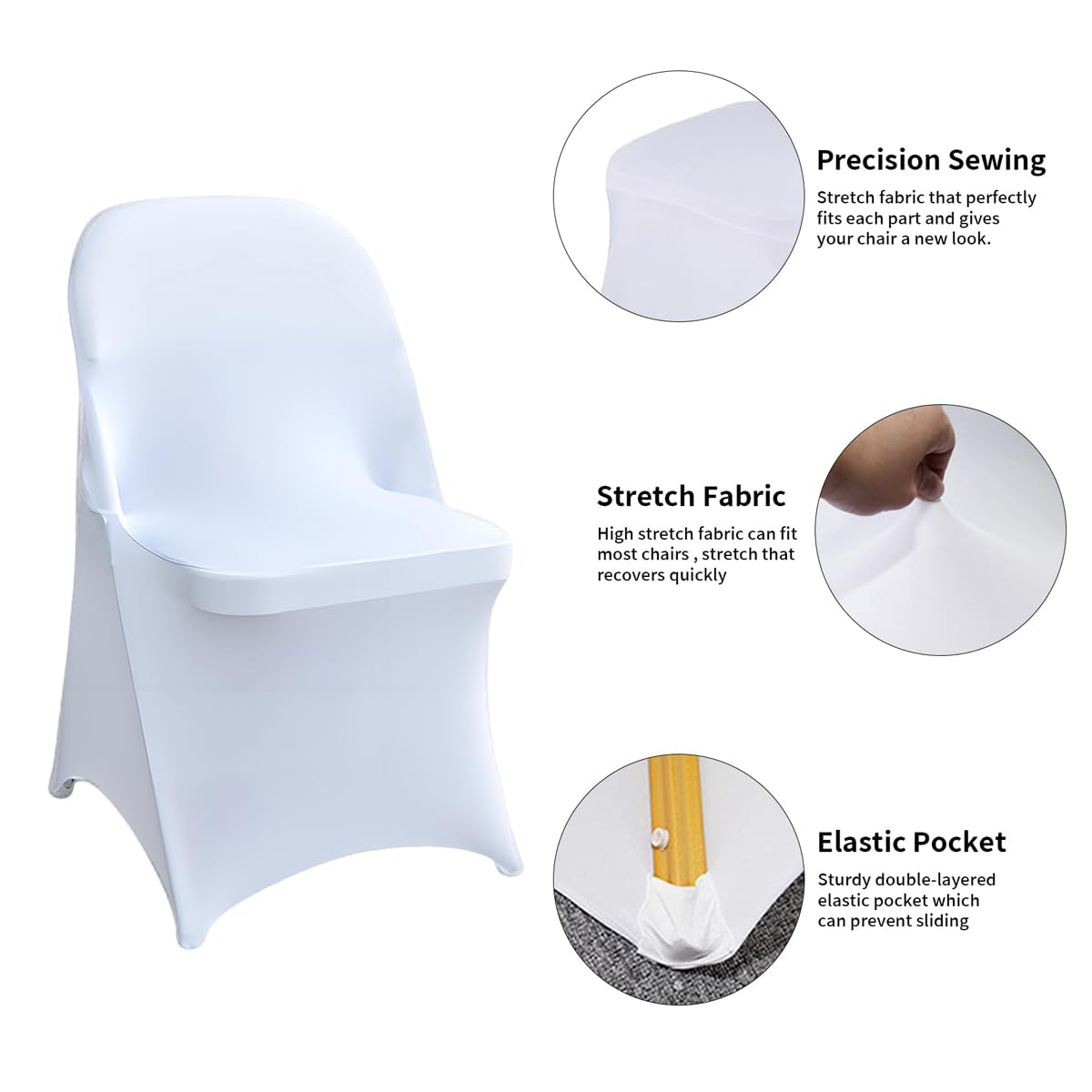 Wexninaz universal fit chair cover easily slips on folding chairs at weddings or parties.