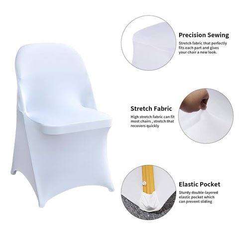 Wexninaz universal fit chair cover easily slips on folding chairs at weddings or parties.