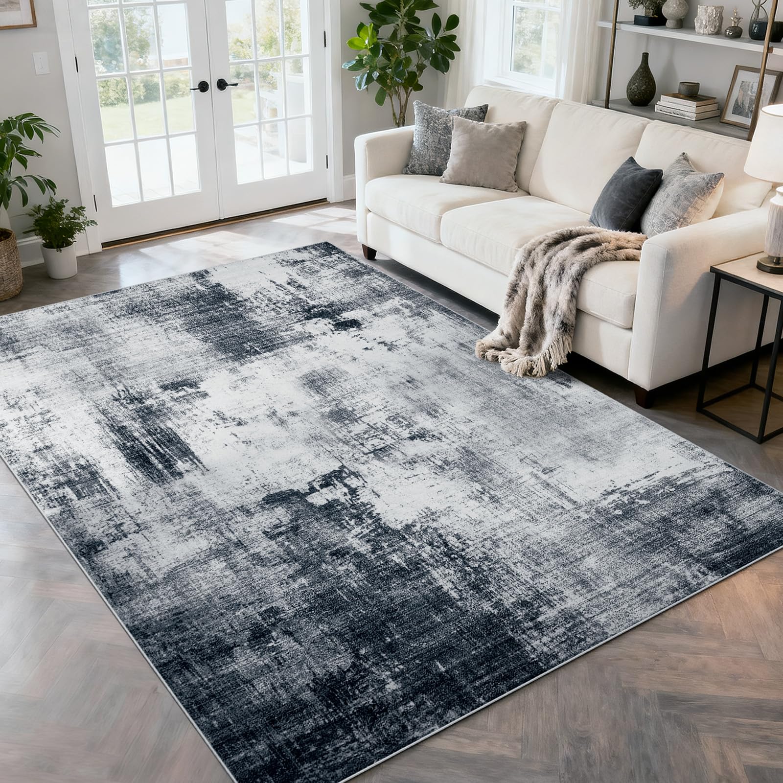 WEZVIX area rug with abstract blue-gray design adds style and soft underfoot comfort.