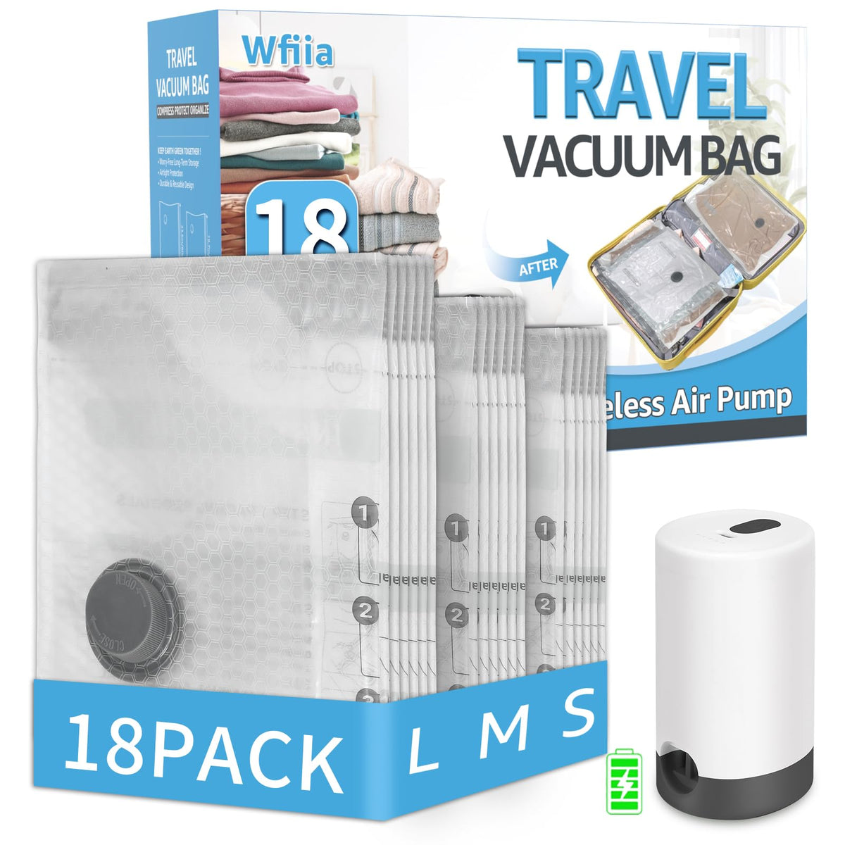 Wfiia 18 pack vacuum bags with travel pump laid out for packing efficiency