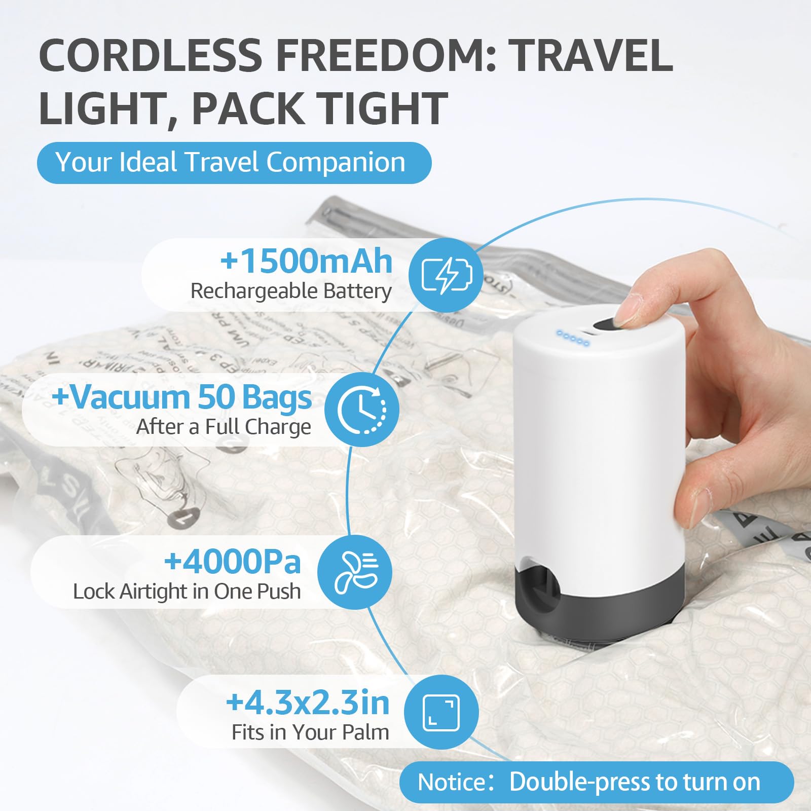 Wfiia rechargeable pump charging via USB for cordless travel use.