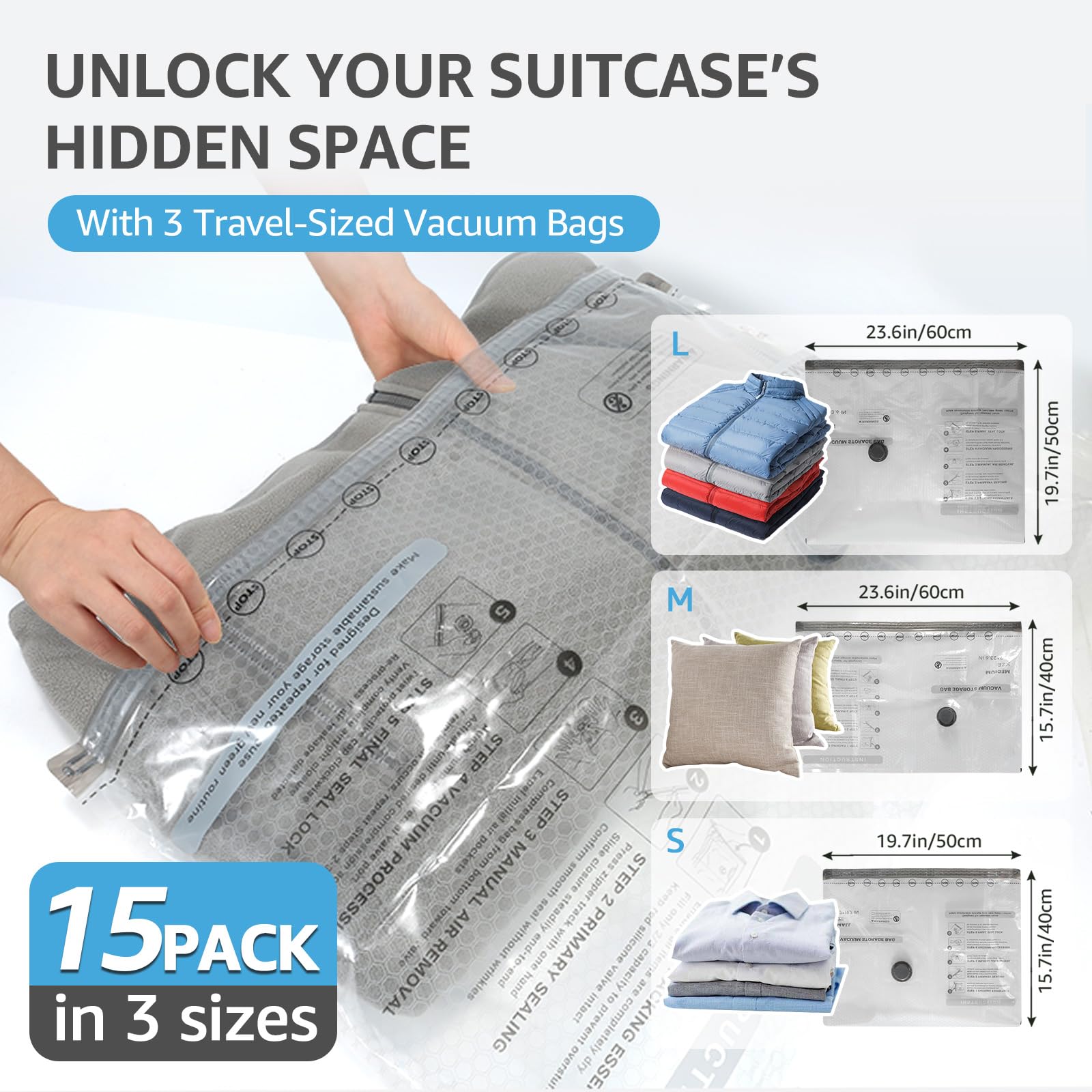 Wfiia three-sizes vacuum bags shown for compact wardrobe organization.