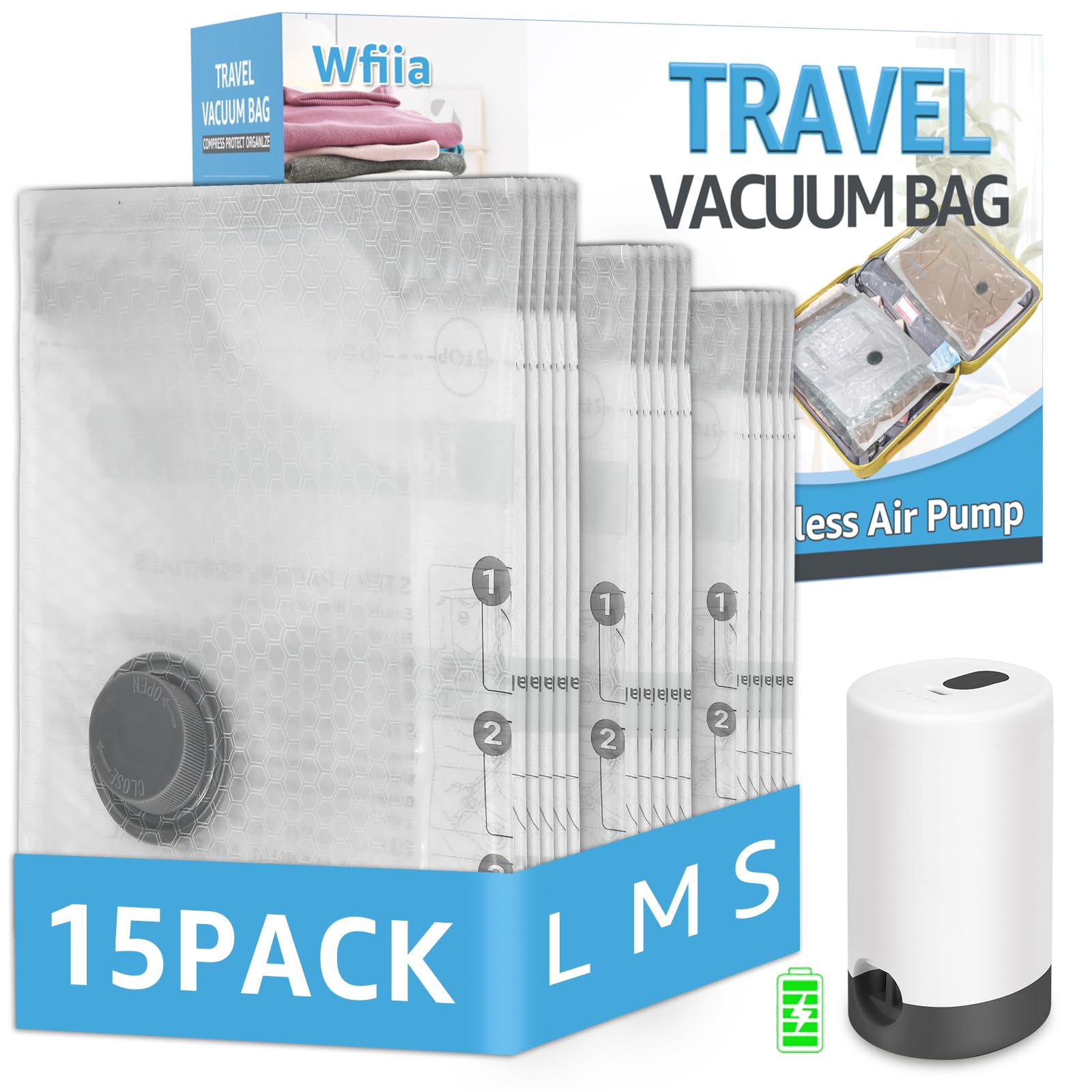 Wfiia travel vacuum bags with rechargeable pump for clutter-free packing.