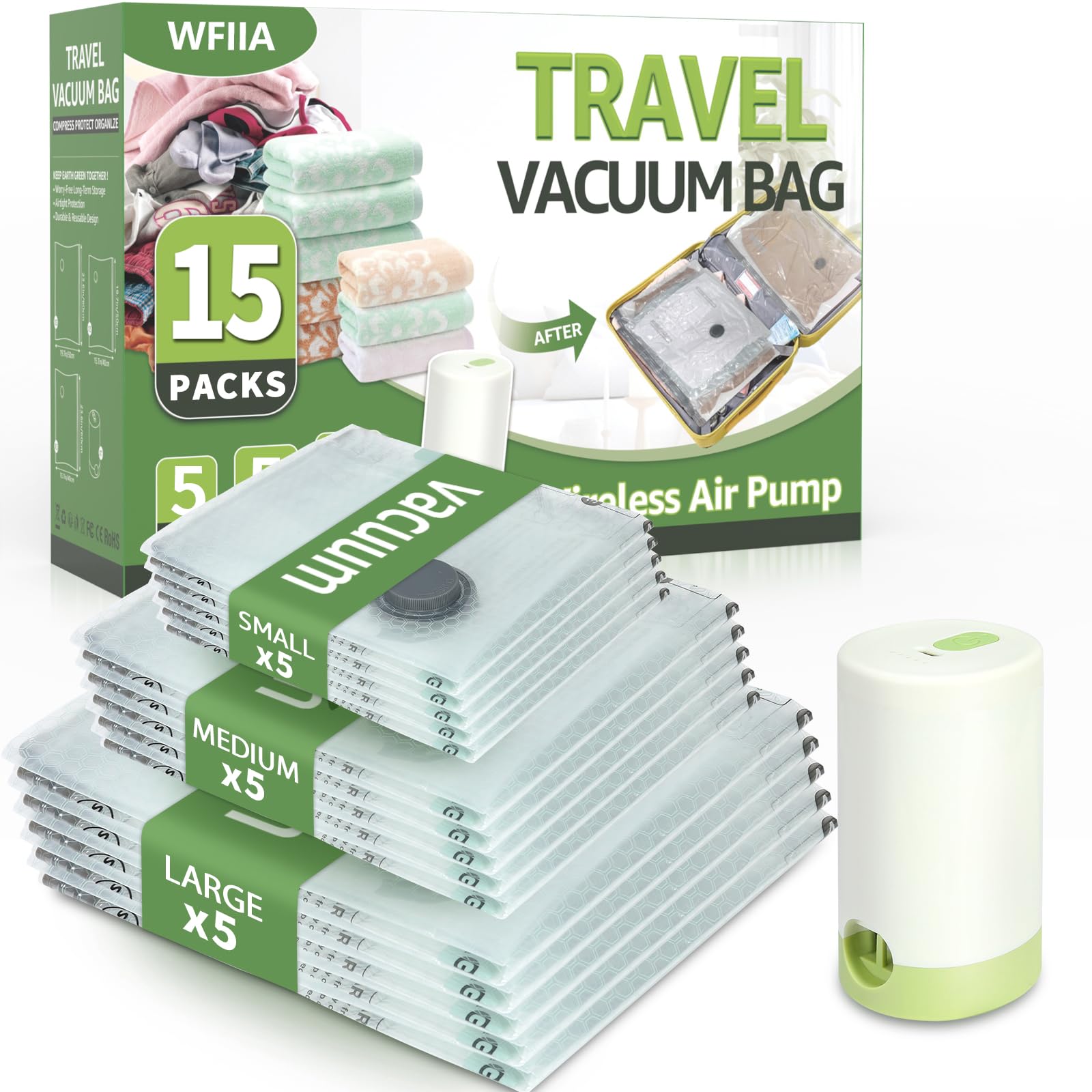Wfiia travel vacuum bags with pump in box for organized packing.