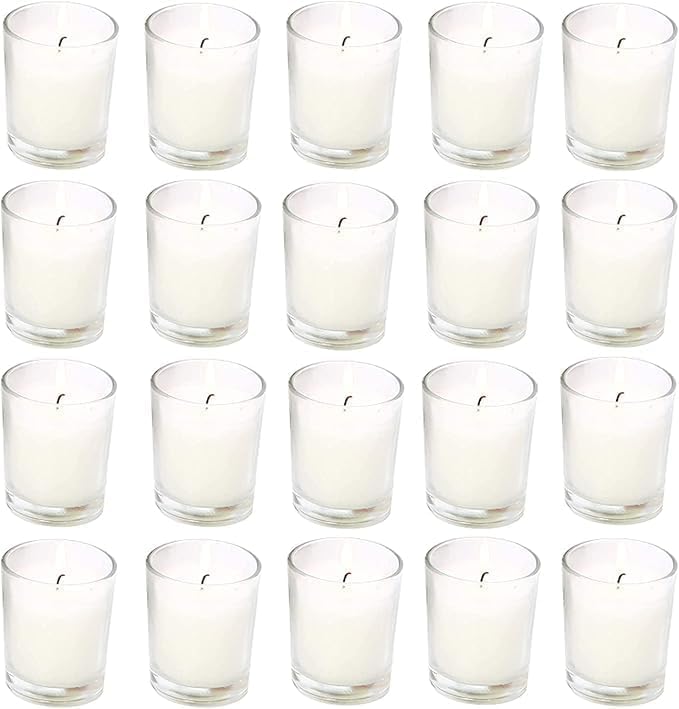 Wfmolcand unscented votive candle glow in clear glass setup.