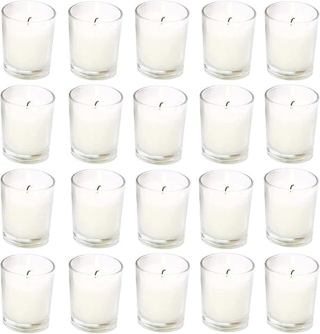 Wfmolcand unscented votive candle glow in clear glass setup.