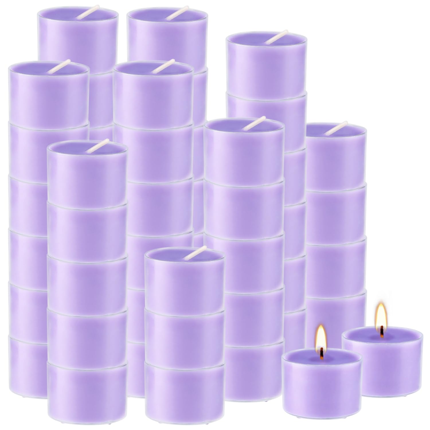 Wfmolcand lavender tealights in clear cups on table setting.
