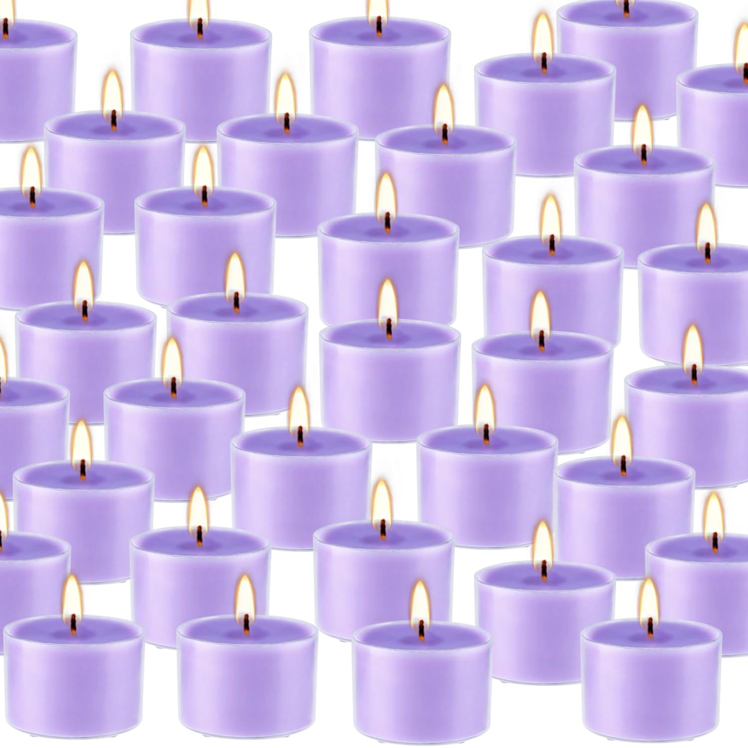 Wfmolcand lavender tealight burns for 8 hours for long-lasting mood light.