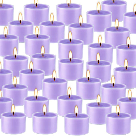 Wfmolcand lavender tealight burns for 8 hours for long-lasting mood light.