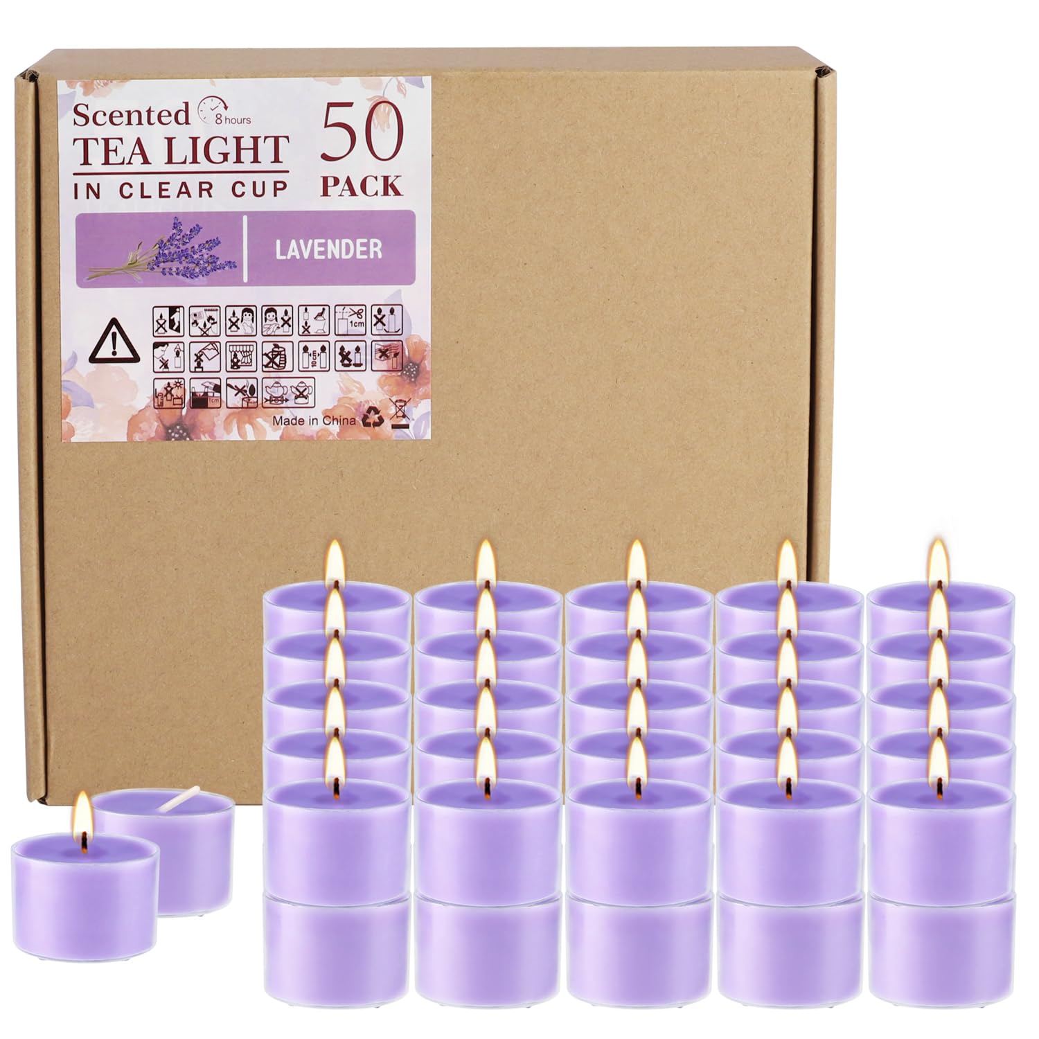 Wfmolcand lavender tealight in clear cup creating calming ambiance.