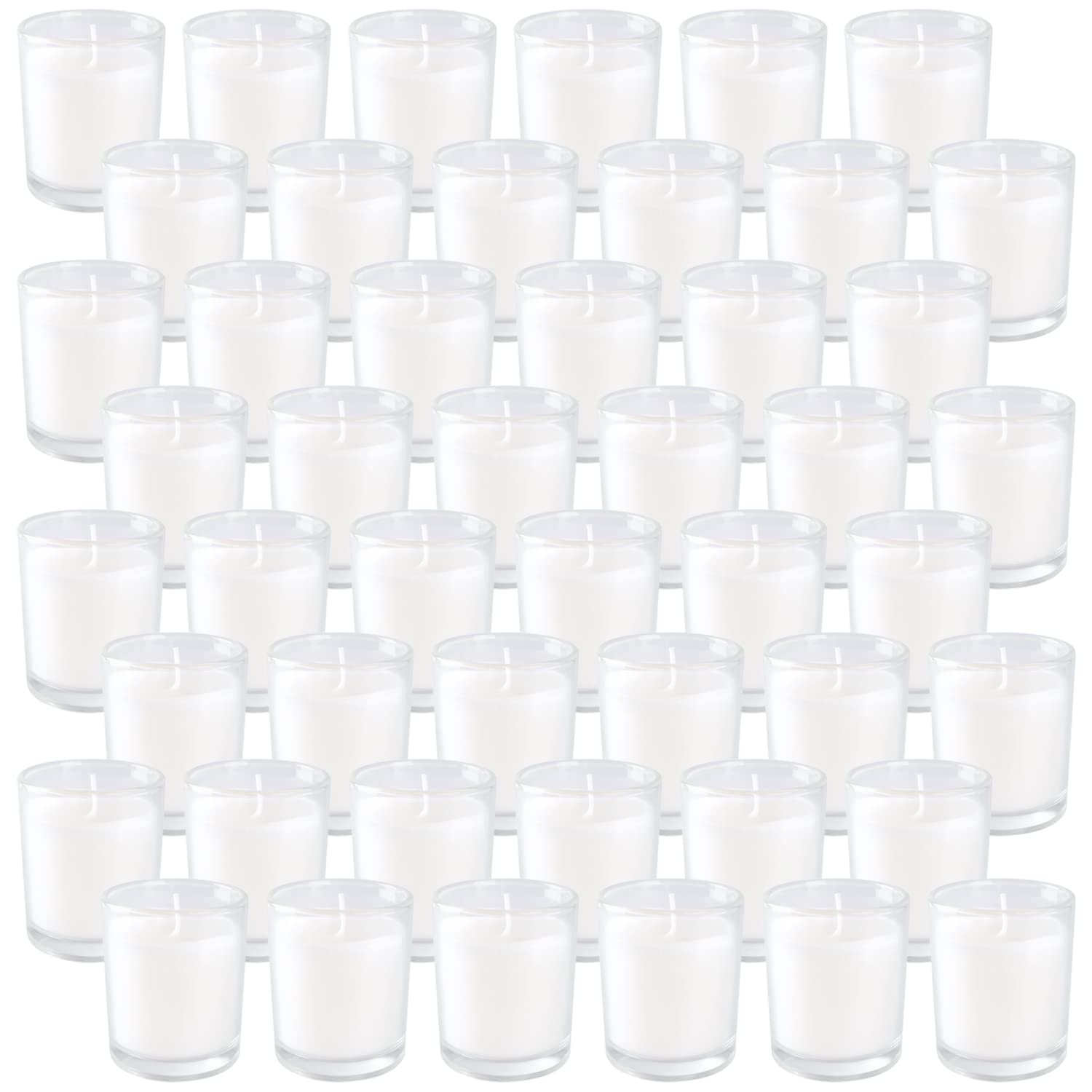 Wfmolcand unscented votive candles in clear glass suitable for any setting.