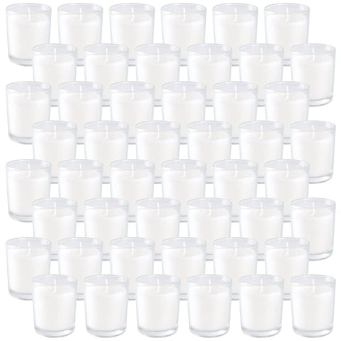 Wfmolcand unscented votive candles in clear glass suitable for any setting.