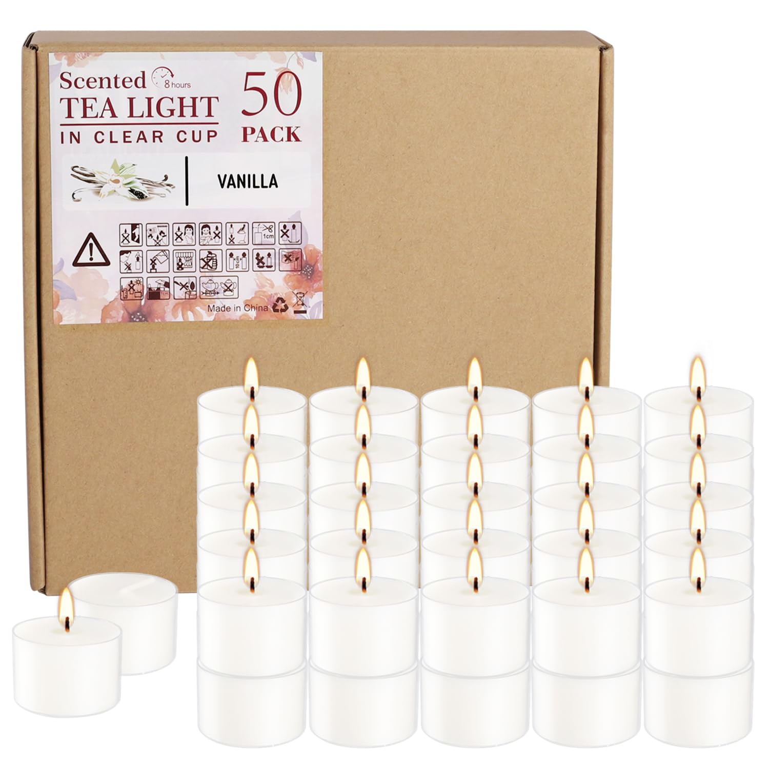 Wfmolcand vanilla tea light with clear cup offers long-lasting ambient glow.