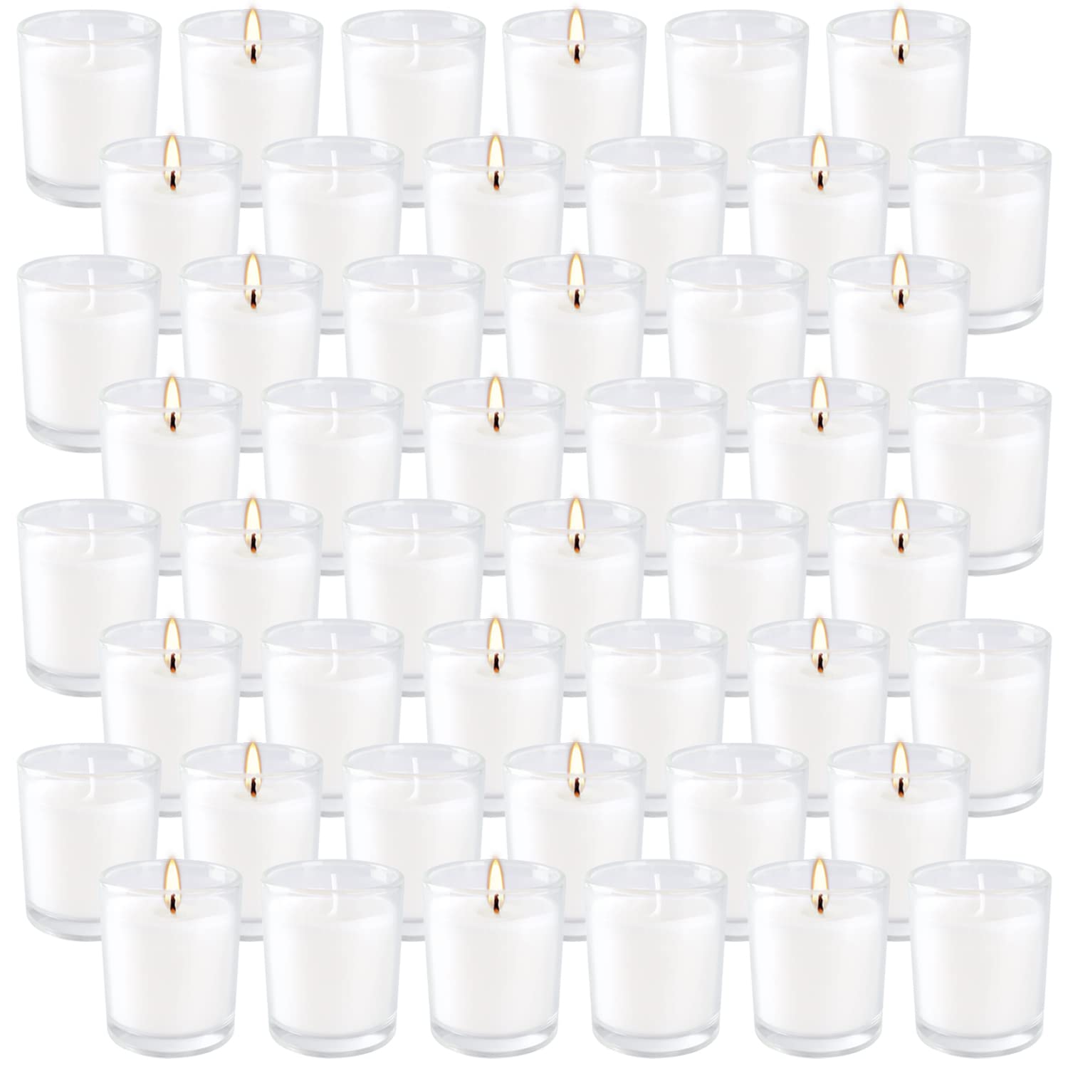 Wfmolcand white votive candles in clear glass holders for elegant ambiance.