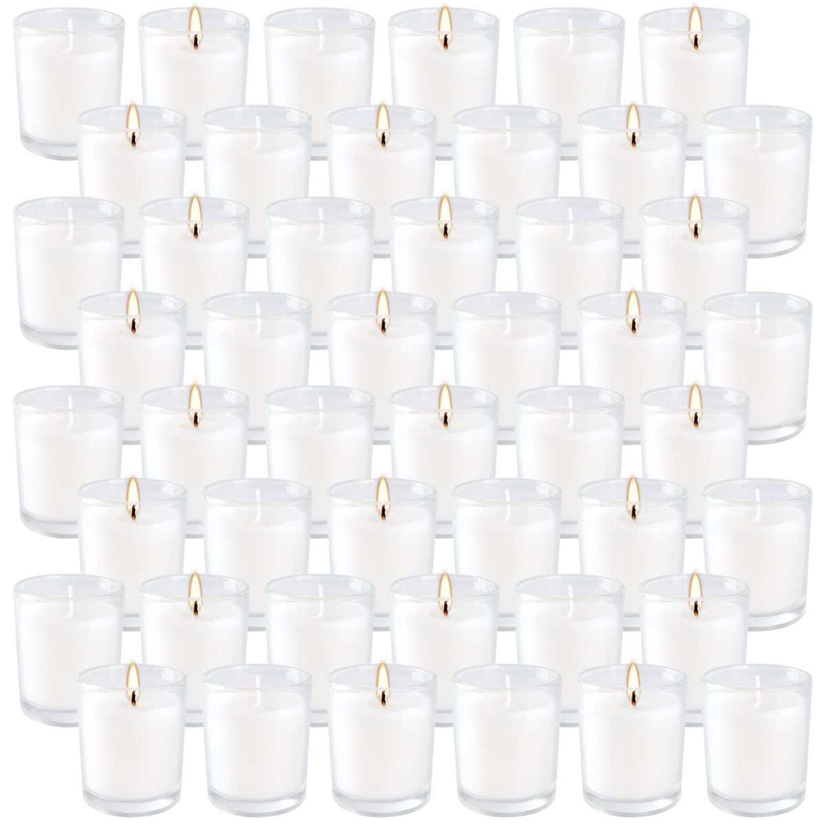 Wfmolcand white votive candles in clear glass holders for elegant ambiance.