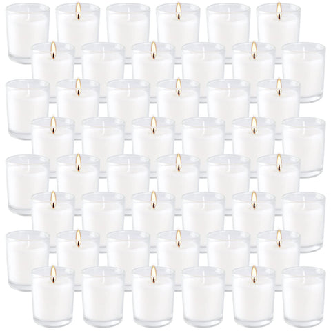 Wfmolcand white votive candles in clear glass holders for elegant ambiance.