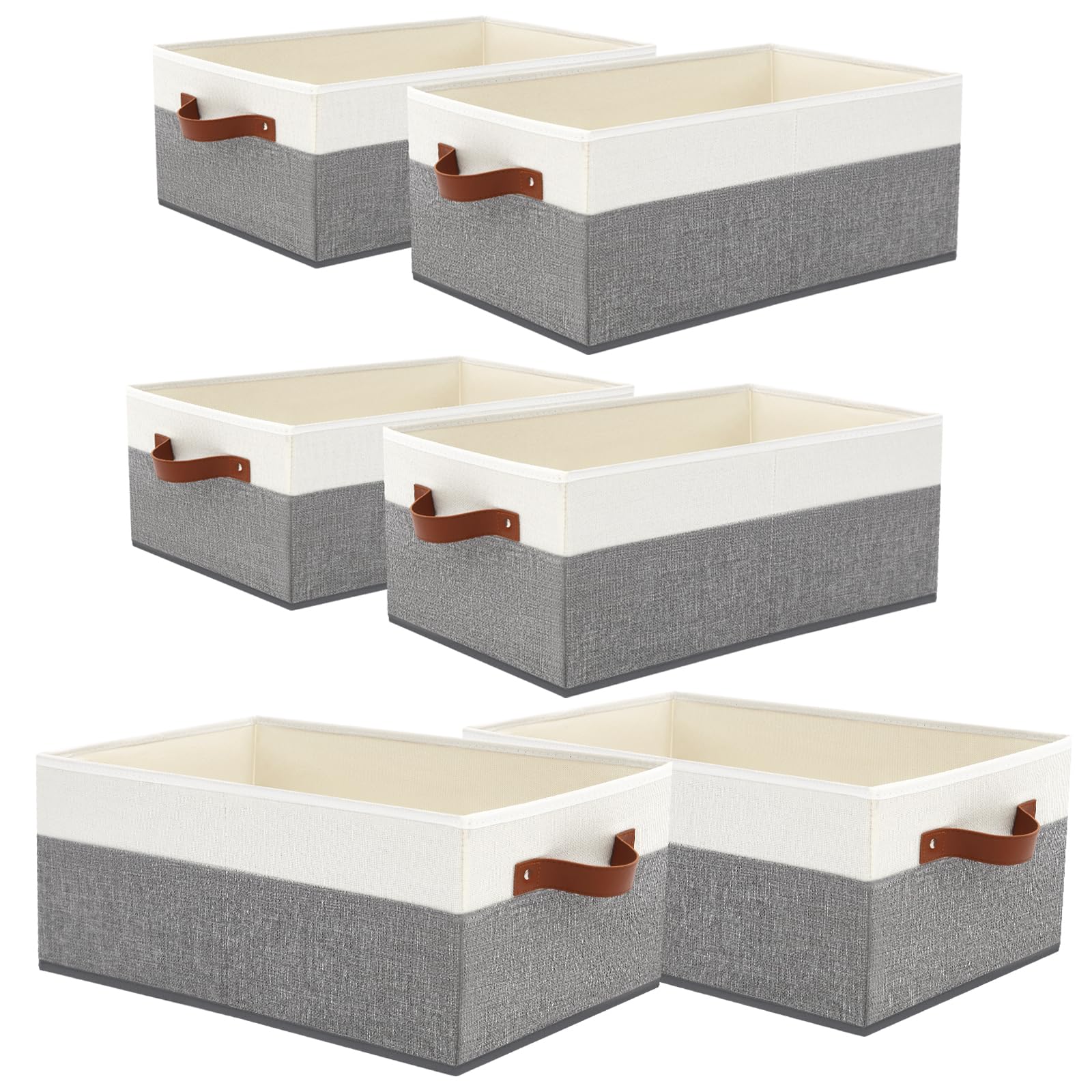 WGGWE 6-pack closet storage bins in grey and white with easy-to-grab handles for clothes.