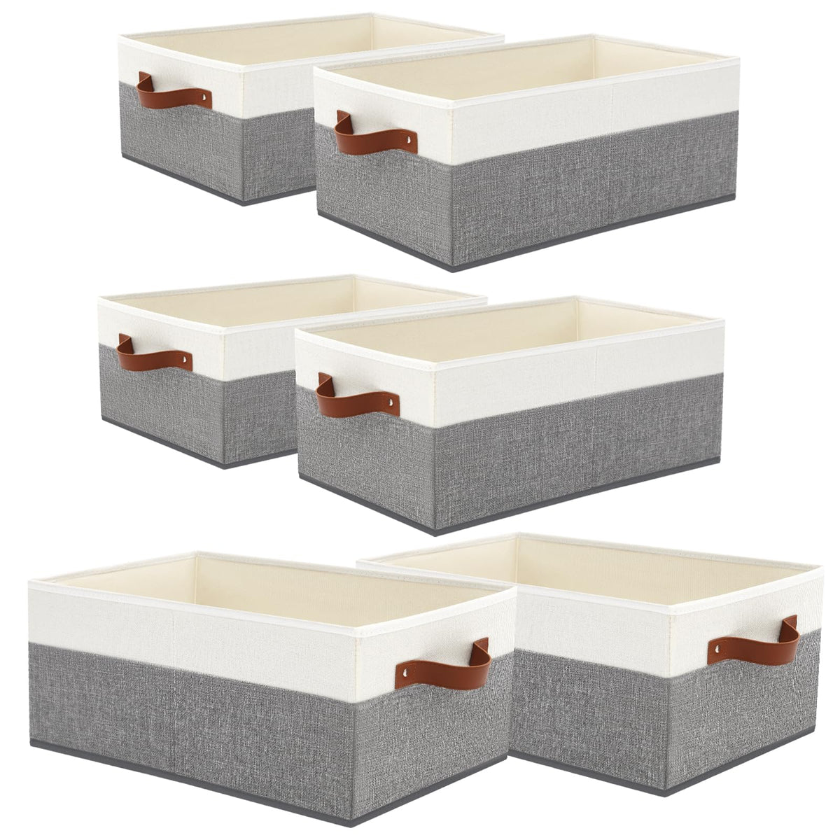 WGGWE 6-pack closet storage bins in grey and white with easy-to-grab handles for clothes.