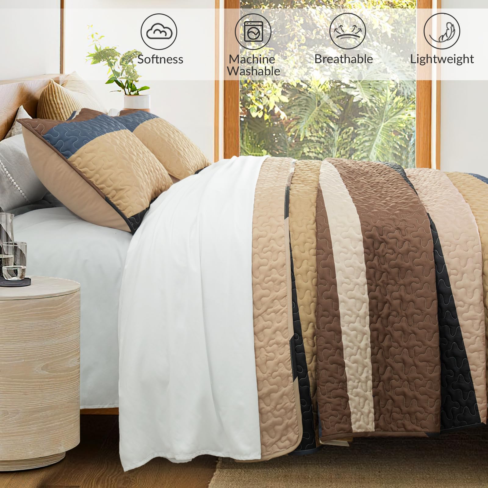 Patchwork stripe pattern enhances modern decor in Whale Flotilla quilt