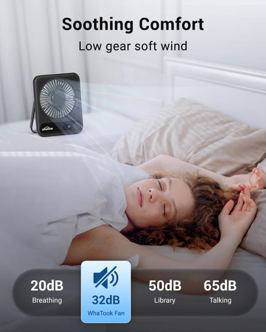 Two WHATOOK fans powered by a 5000mAh battery for long-lasting breeze