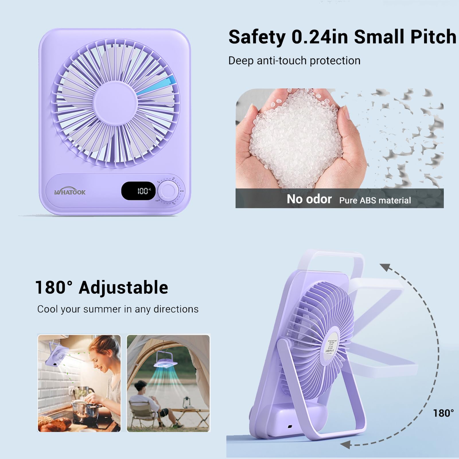 Whatook Desk Fan 2-Pack foldable stand supports desktop or hanging use.