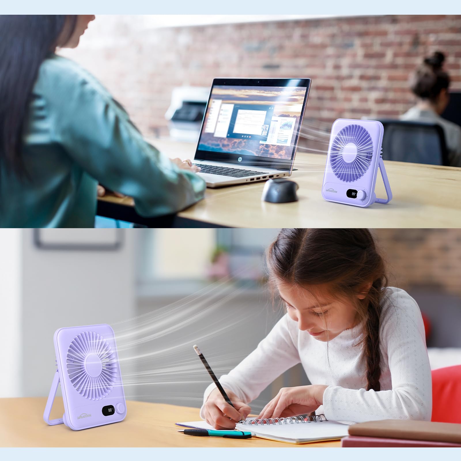 Whatook Desk Fan 2-Pack LED display clearly shows speed and battery status.