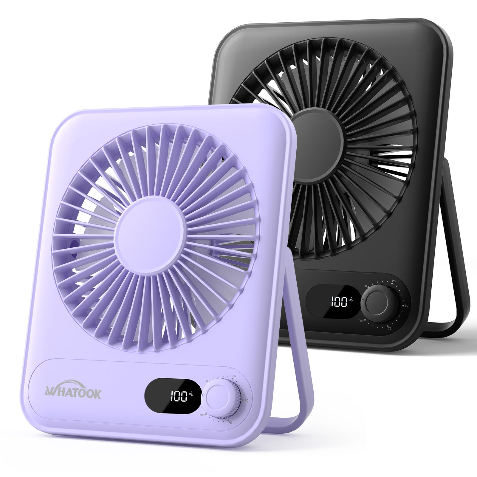 Whatook Desk Fan 2-Pack packaging shows travel-friendly cooling for shared spaces.