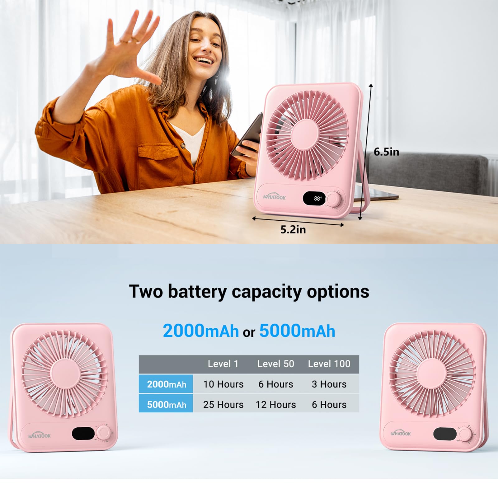 Whatook desk fan compact design ideal for dorms and cruises.