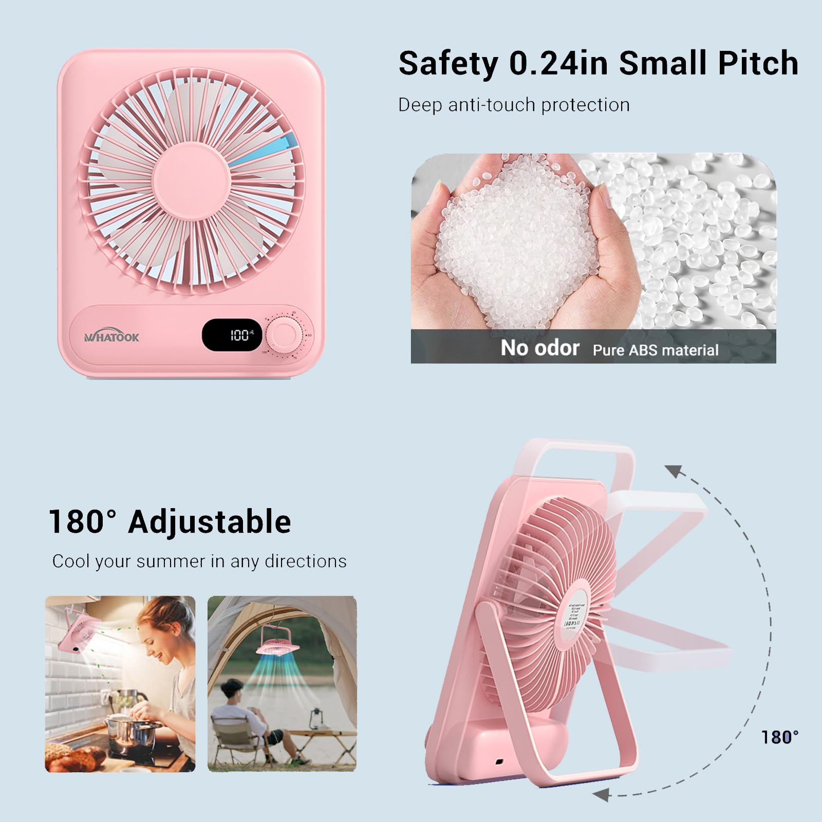 Whatook desk fan rechargeable via USB for travel readiness.