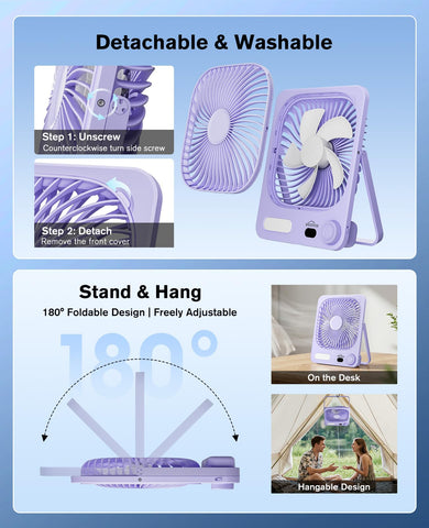 Whatook portable desk fan purple in-use, versatile cooling at home, office, or camp