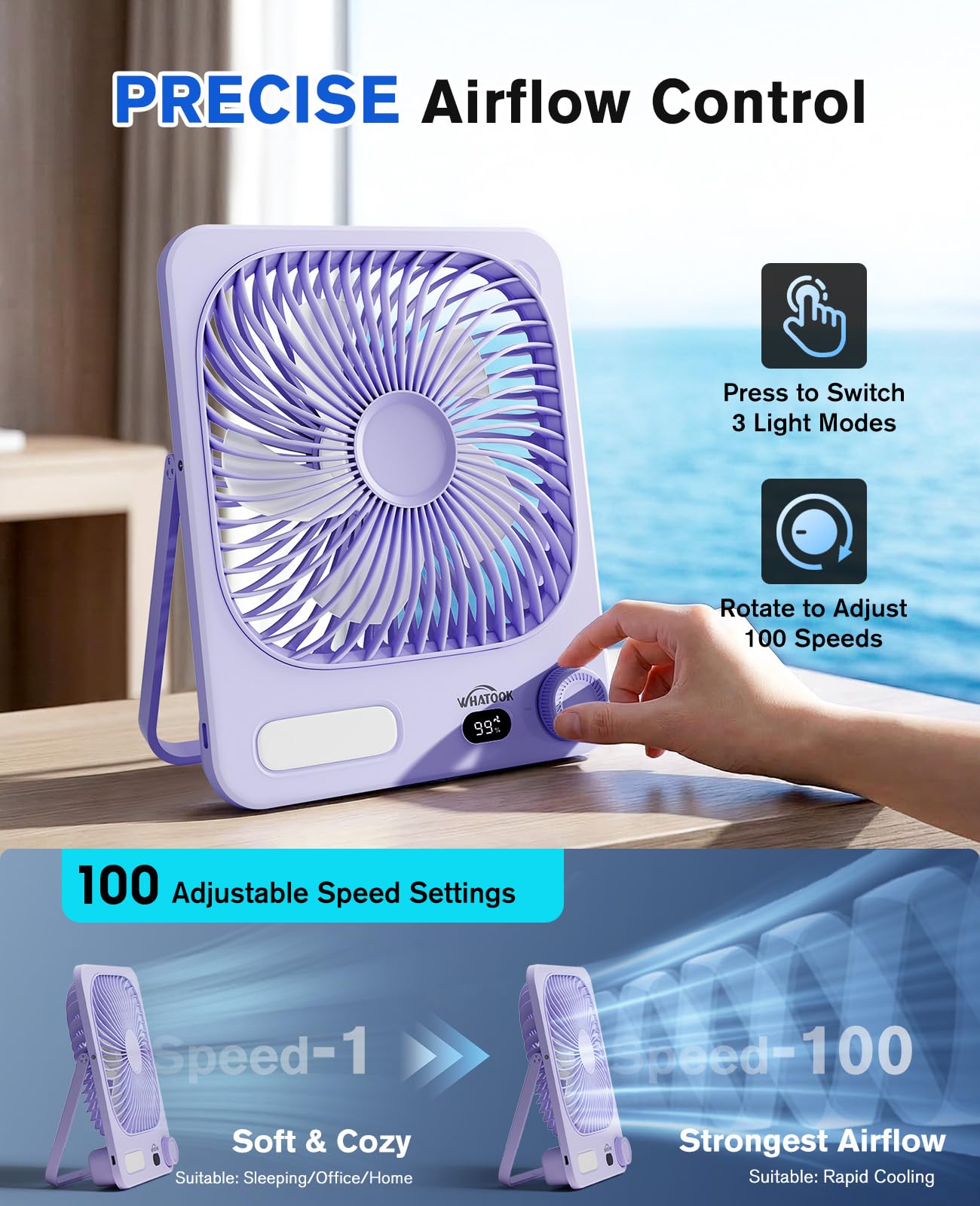 Whatook wind-speed dial desk fan purple control, adjustable breeze for personalized comfort