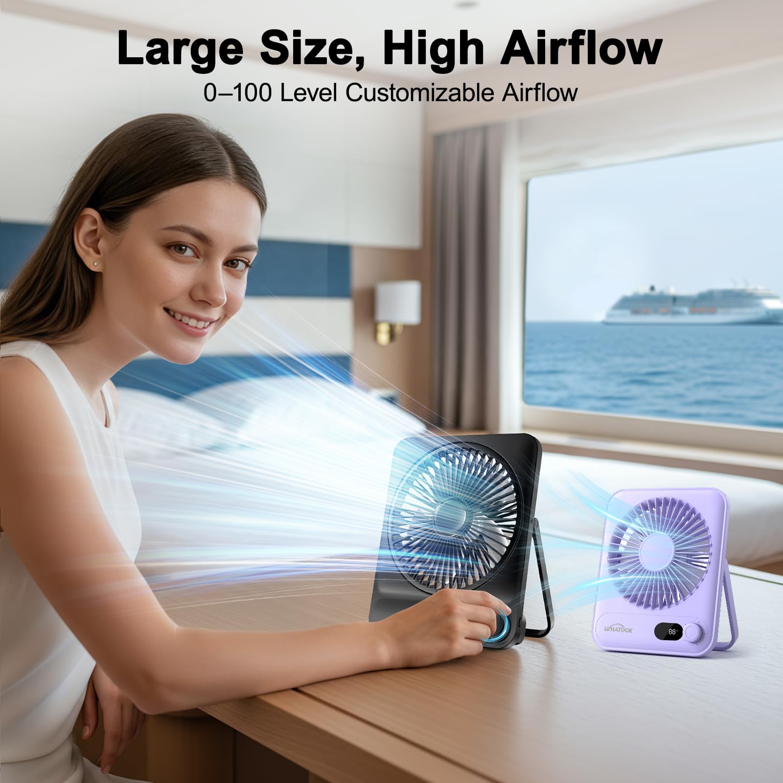 Whatoook compact fan provides up to 40 hours of runtime on a full charge.