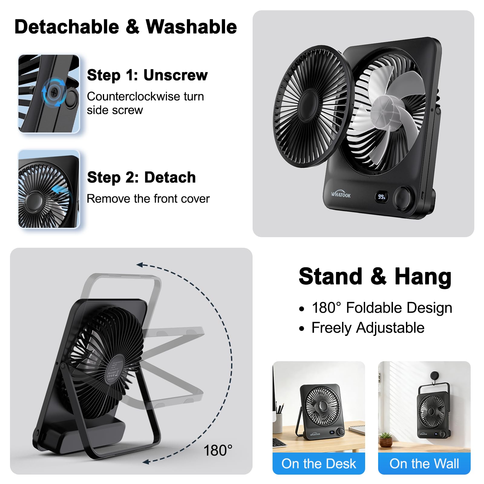 Whatoook fan can be used on a desk or hung for flexible setup.