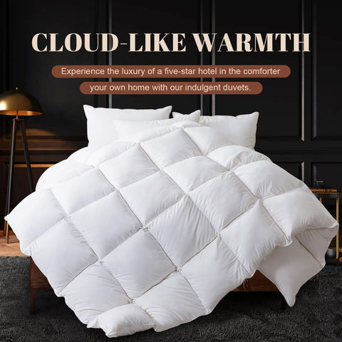 WhatsBedding feather comforter baffle box design keeps fill evenly distributed for balanced warmth.