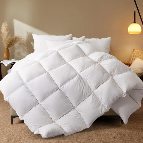 WhatsBedding feather comforter on a bed scene, all-season warmth and luxury.