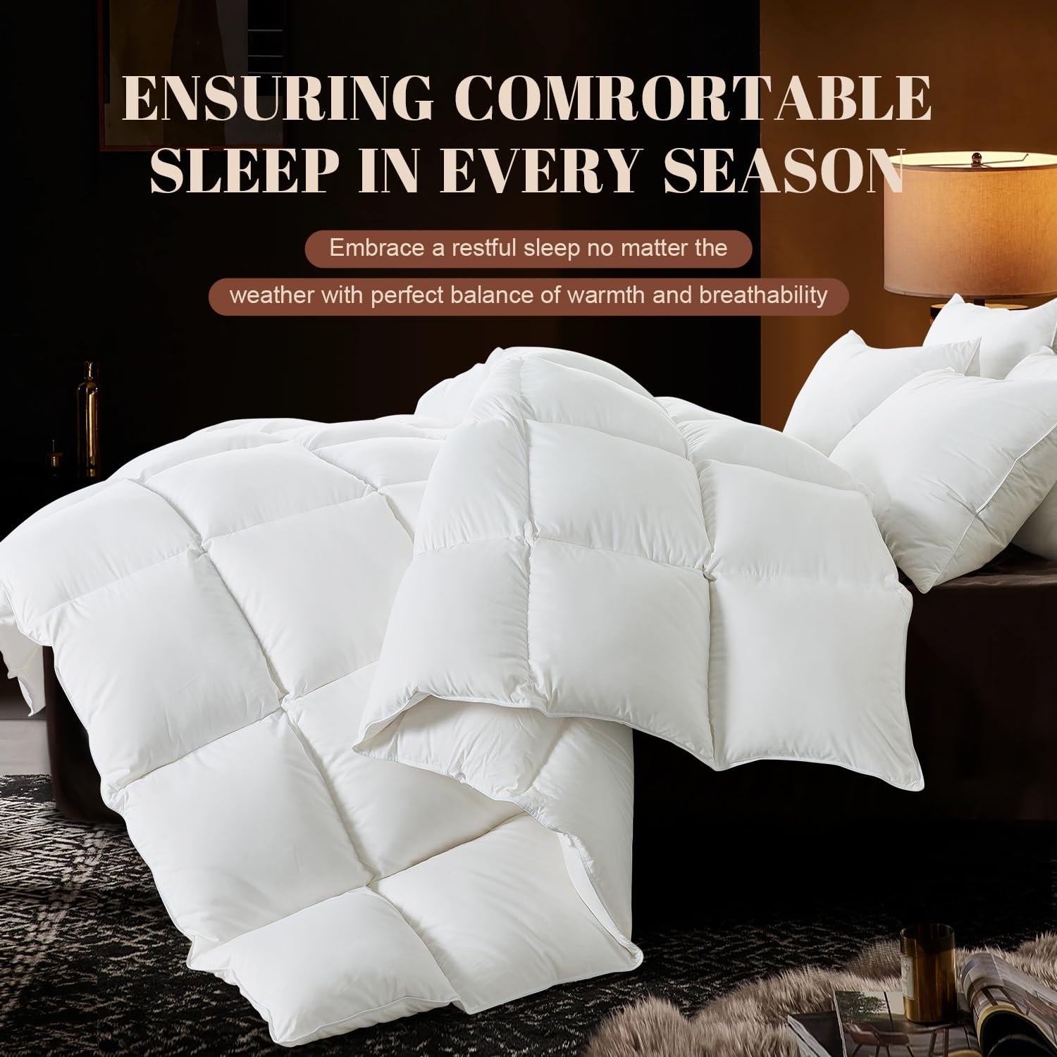 WhatsBedding feather comforter corner tabs secure a duvet cover for a neat sleep setup.