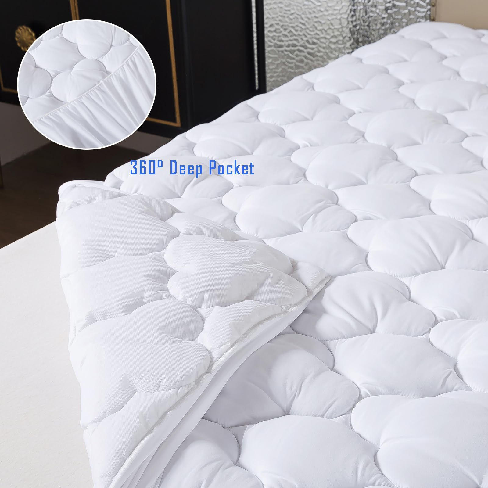 WhatsBedding Full Mattress Pad demonstrates depth fit for 8-16 inch mattresses