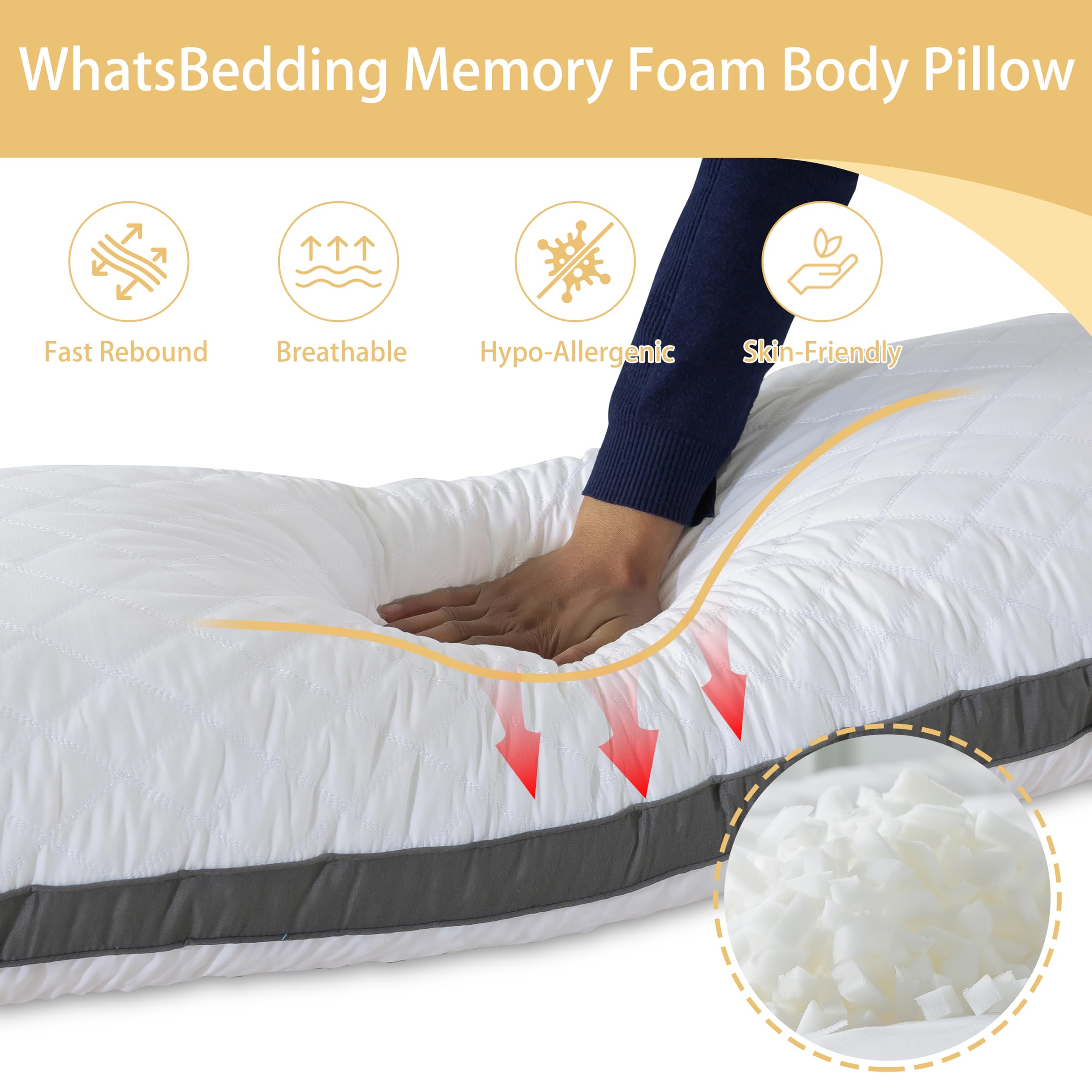 WhatsBedding memory foam body pillow being machine washed for easy care.