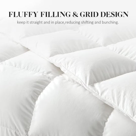 WhatsBedding luxury loft look, fluffy and inviting on bed.