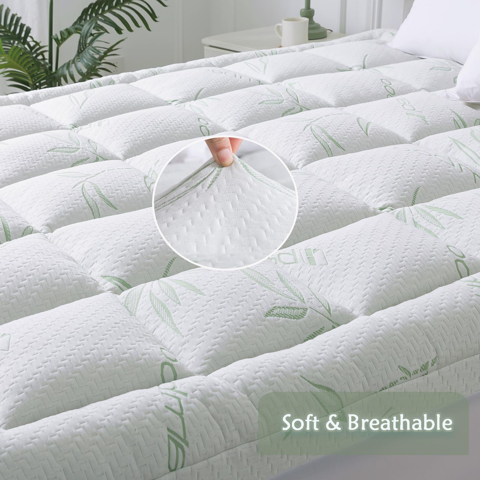 WhatsBedding Queen Topper on bed shows deep-pocket fit for thick mattresses