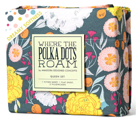 Where The Polka Dots Roam dark floral flat sheet, silky soft and wrinkle-resistant.