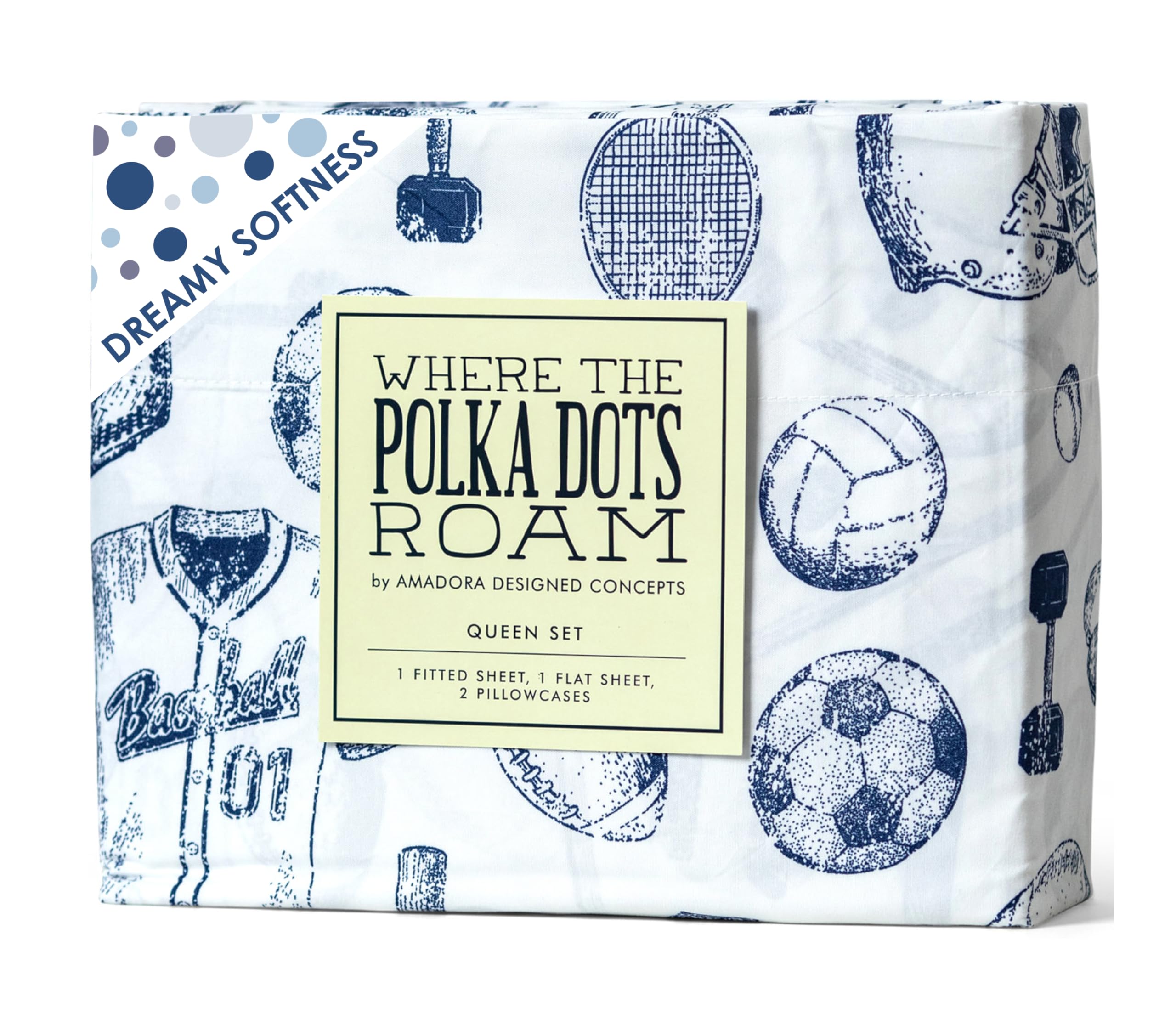 Where The Polka Dots Roam twin baseball flat sheet—great for active kids and sports-themed rooms.