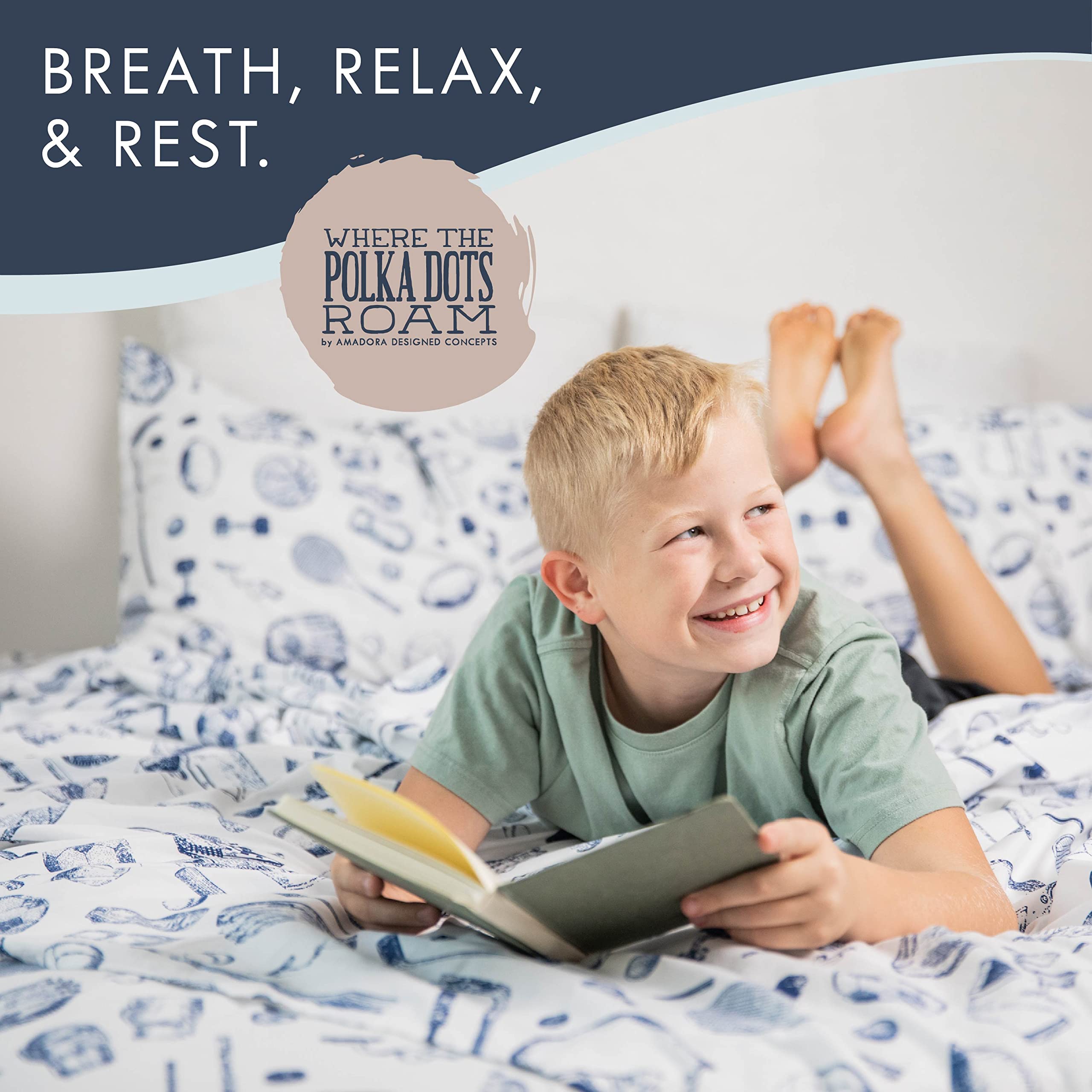 Where The Polka Dots Roam twin room decor display shows coordinated sports bedding.