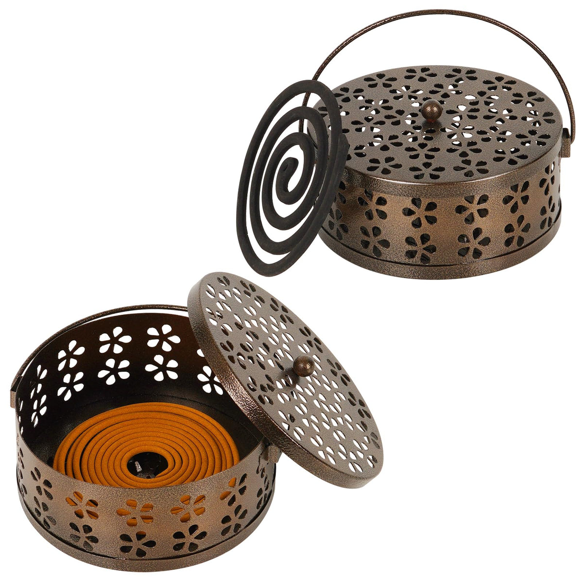 Whiidoom portable iron mosquito coil holder with round bronze finish, ideal for outdoor use.