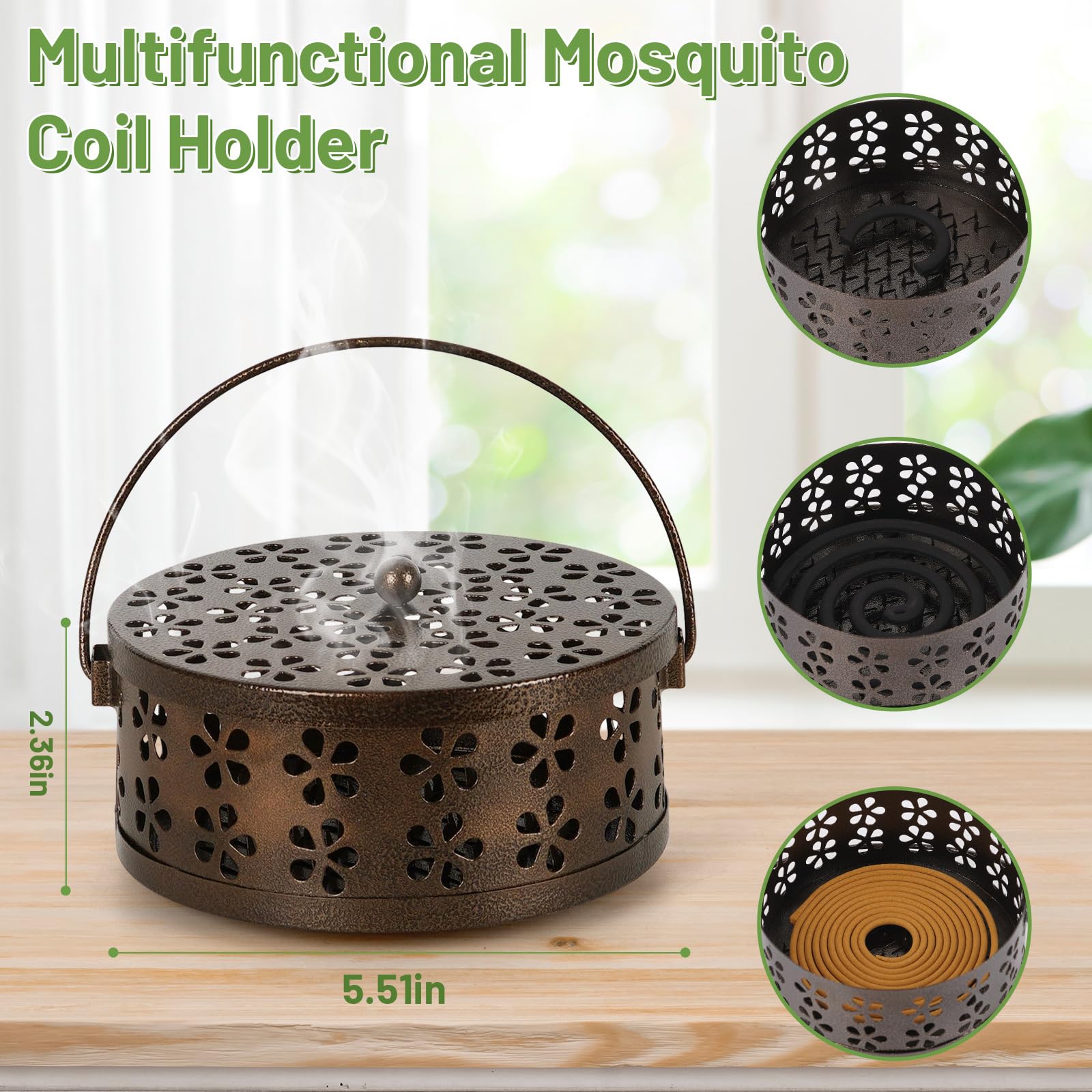 Whiidoom portable iron mosquito coil holder with handle in bronze, easy to transport.
