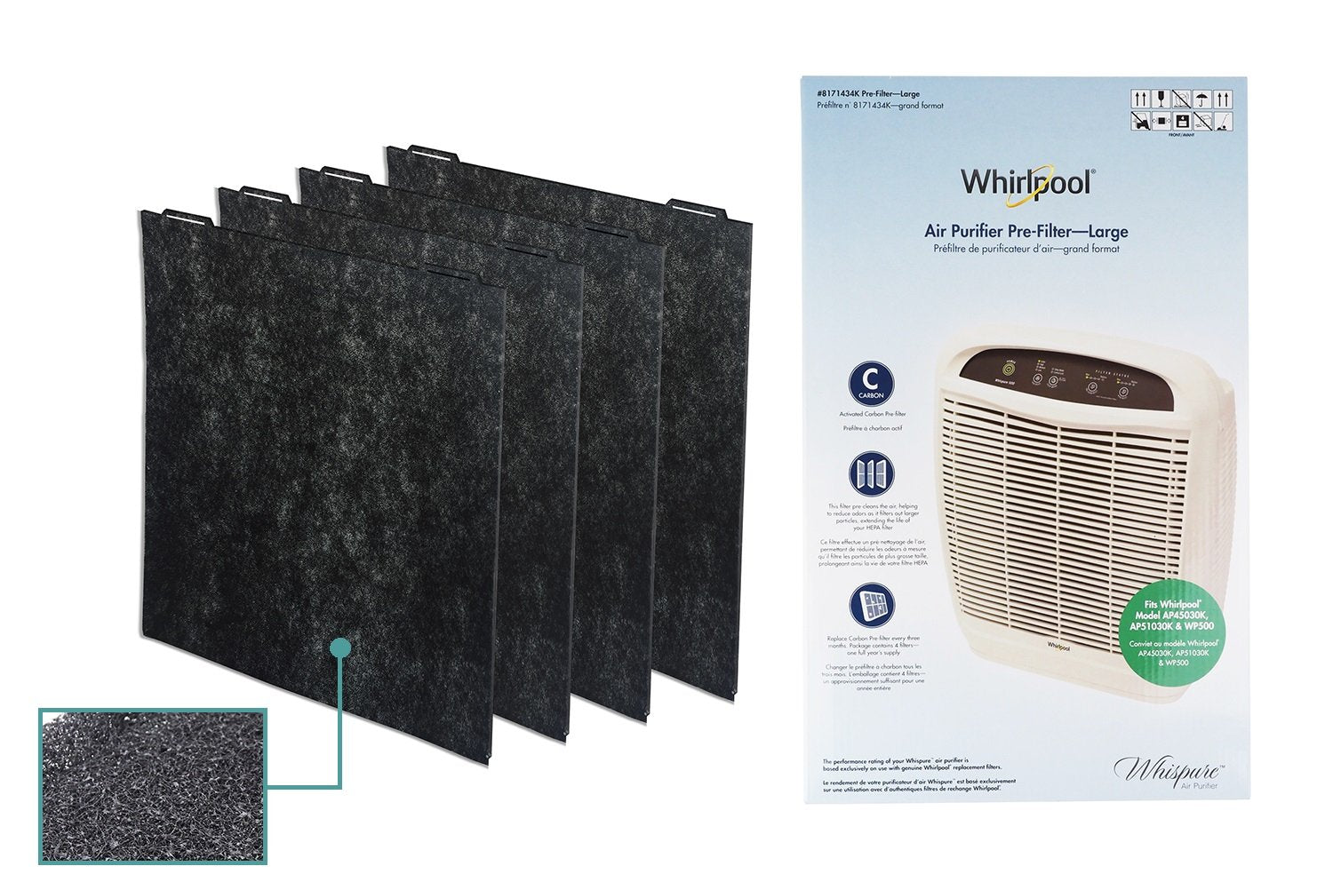 Whirlpool 8171434K four-pack pre-filters in packaging for easy replacement.
